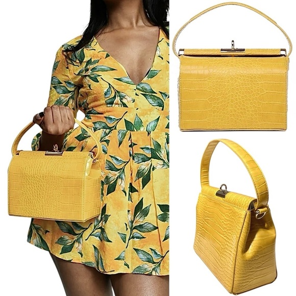 Top Handle Yellow Faux Crocodile Embossed Handbag Turn Lock Closure Like New - Picture 9 of 14